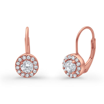 Dangling Earrings Halo Round Cut Rose Tone, Simulated CZ 925 Sterling Silver